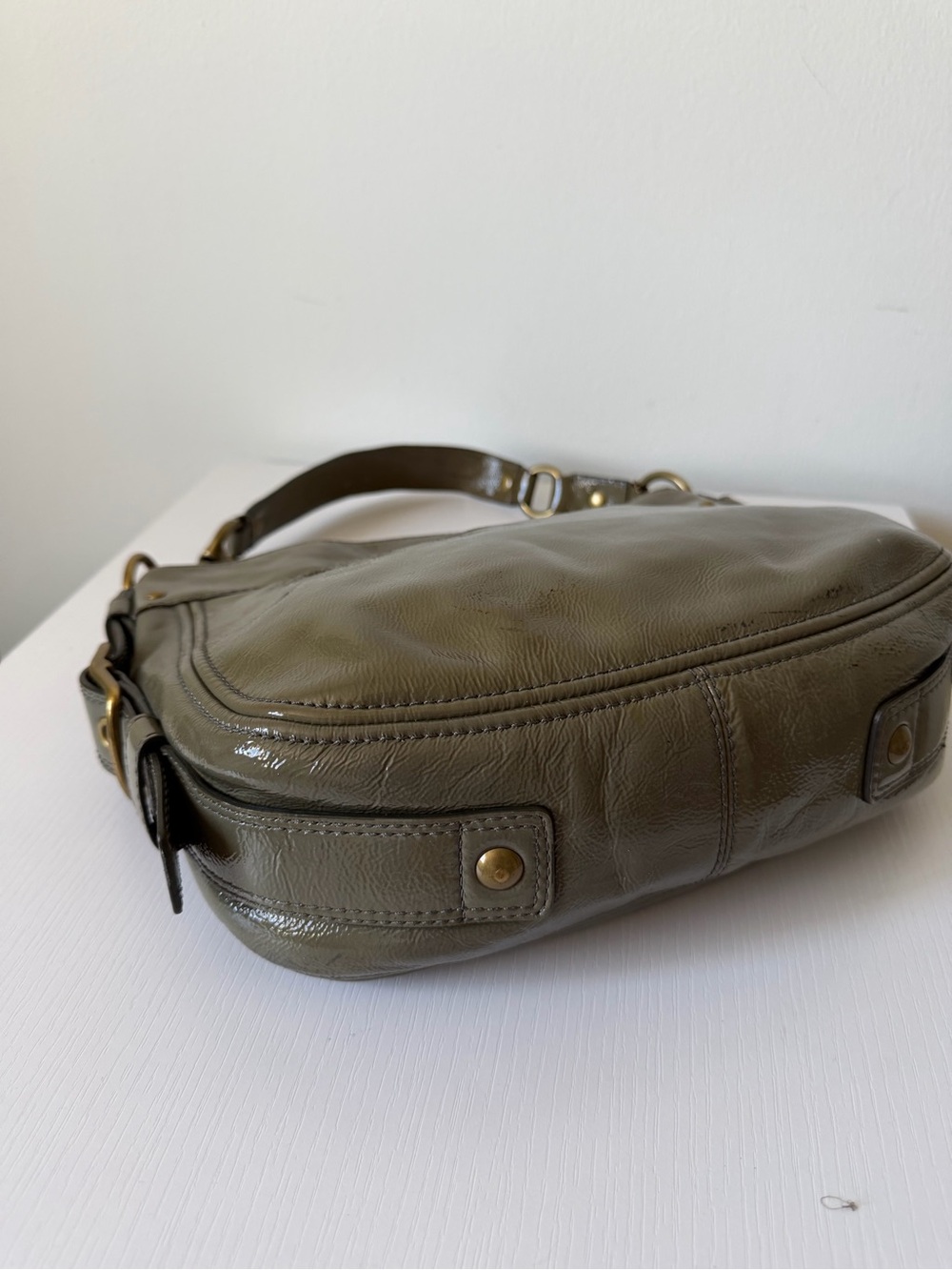 Coach Zoe Patent Leather Hobo Shoulder Bag Olive- Grey 12735 - Picture 7 of 12